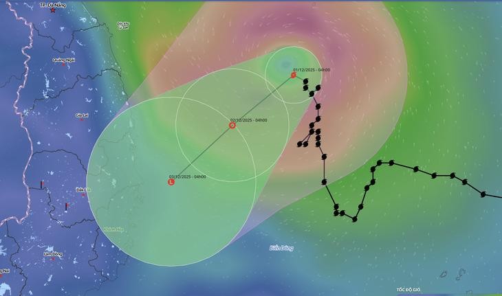 12月1日凌晨4时，15号台风的位置和移动方向预报。