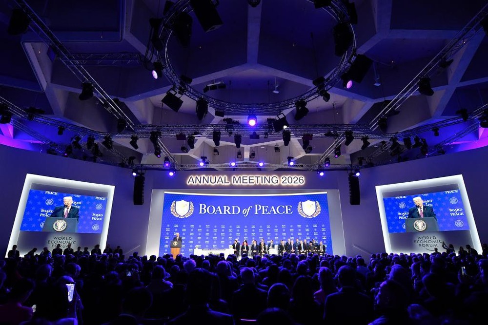 1月22日，美国总统特朗普在瑞士达沃斯举行的世界经济论坛2026年年会上讲话。