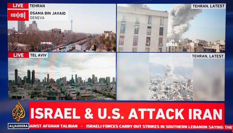 这张2月28日拍摄的半岛电视台直播画面显示的是美国与以色列对伊朗发起联合军事行动。