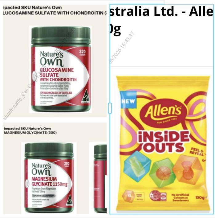 因存在安全隐患而被警告召回的Nature’s Own产品和Allen’s INSIDE OUTS糖果。图：VFA