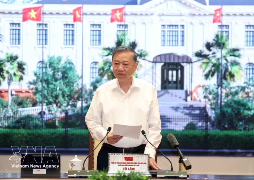 党中央总书记、国家主席苏林在工作会议发表讲话。图自越通社