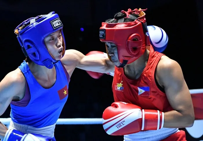 Nguyễn Thị Tâm (giáp xanh) đã có chiến thắng đầu tiên tại giải vô địch châu Á năm nay. Ảnh: ASBC