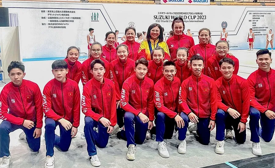 Đội aerobic Việt Nam đang thi đấu tại Nhật Bản. Ảnh: A.VN
