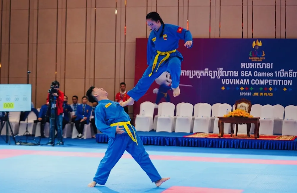 Võ sĩ vovinam Việt Nam kỳ vọng sẽ giành không dưới 2 HCV trong nội dung biểu diễn ngày hôm nay 9-5. Ảnh: DŨNG PHƯƠNG