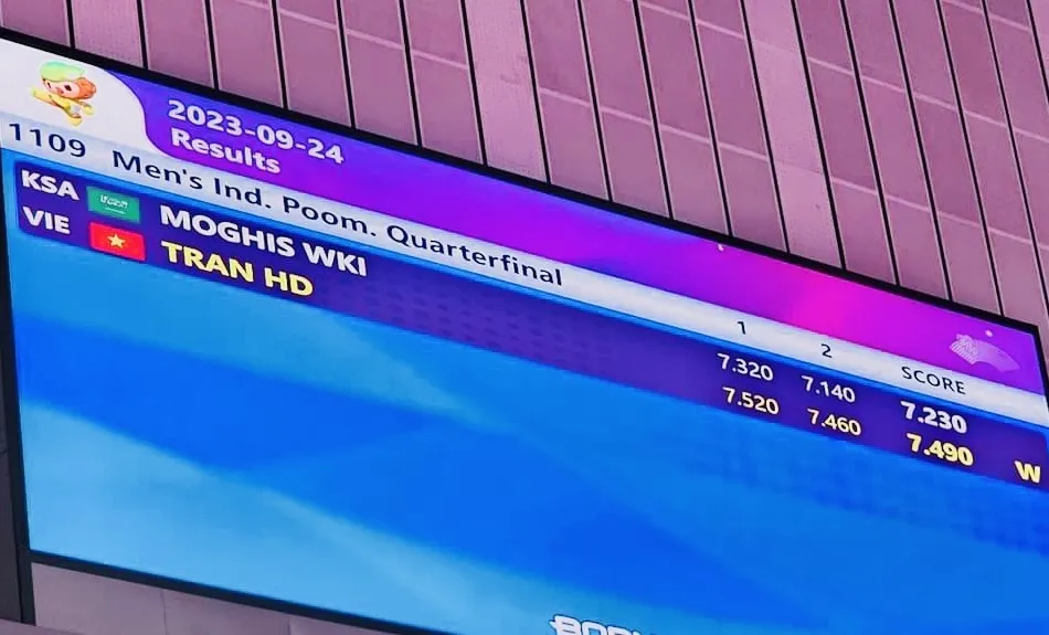 Kết quả thi đấu của Trần Hồ Duy tại tứ kết nội dung và sau trận này, võ sĩ lọt vào bán kết nên đã có cơ hội giành được huy chương. Ảnh: MINH MINH