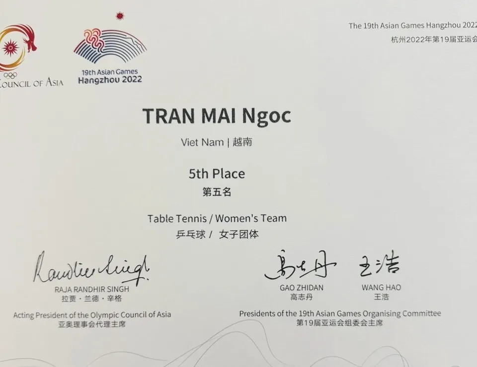 Chứng nhận vị trí hạng 5 đồng đội nữ của ban tổ chức ASIAD 19 đối với tay vợt Trần Mai Ngọc của Việt Nam. Ảnh: MINH MINH