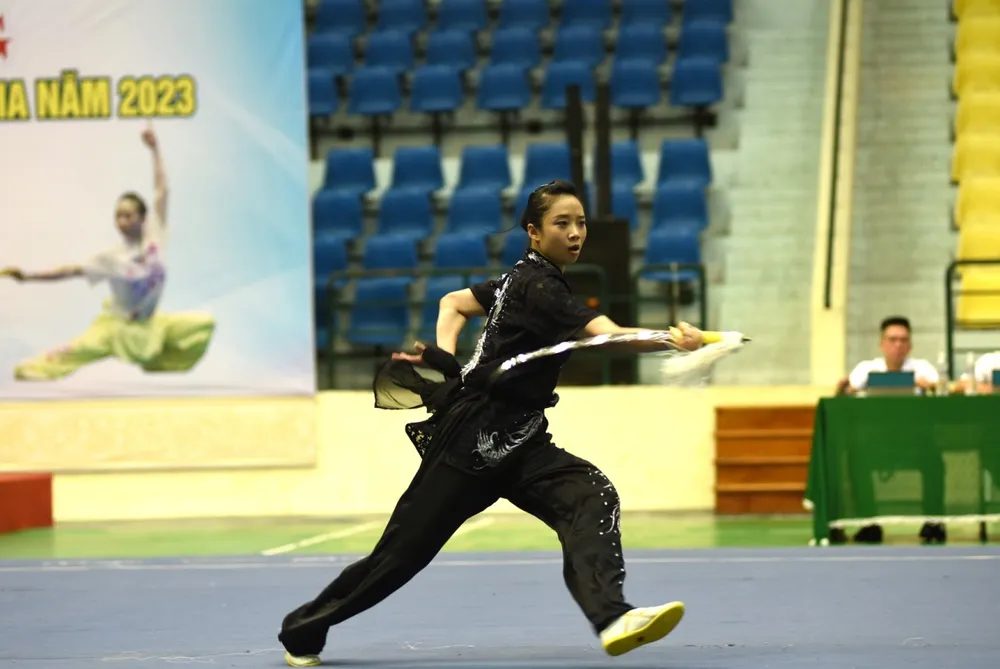 Dương Thúy Vi đã có mặt tại Quảng Nam thi đấu cho wushu Hà Nội ở giải các đội mạnh toàn quốc 2023. Ảnh: T.VY