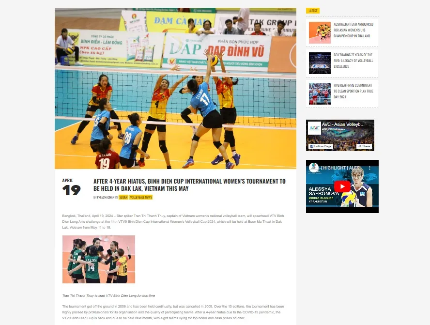 Liên đoàn bóng chuyền châu Á đã thông tin về Cúp VTV9-Bình Điền 2024 trên trang chính của mình. Ảnh: AVC