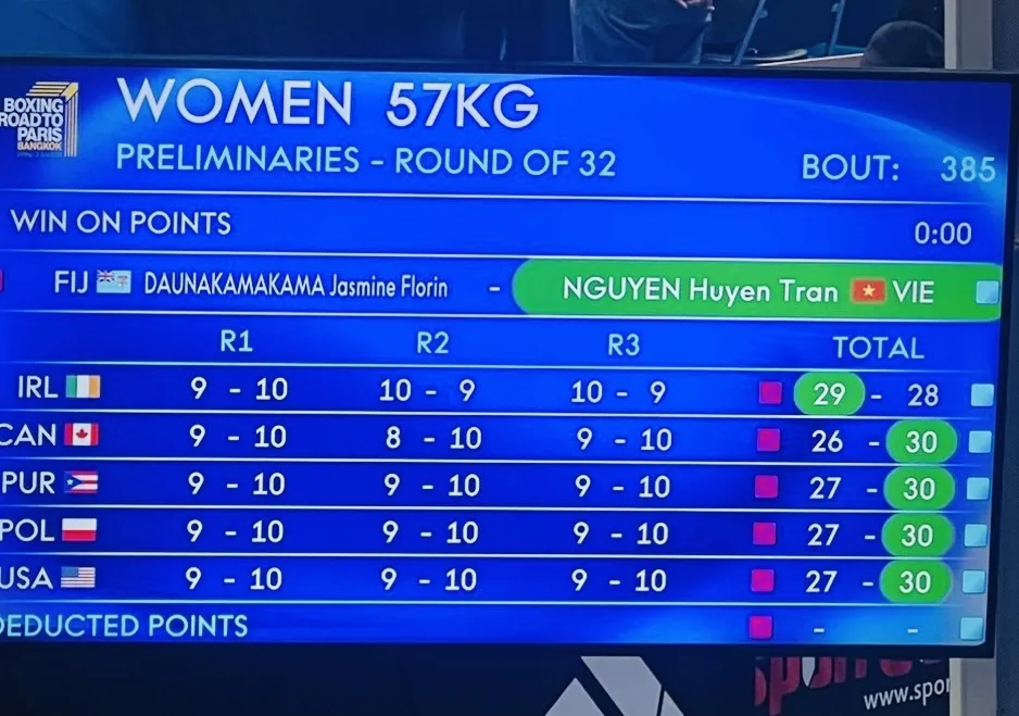 Kết quả điểm của Huyền Trân trong trận đầu giải vòng loại Olympic tại Thái Lan. Ảnh: MINH MINH