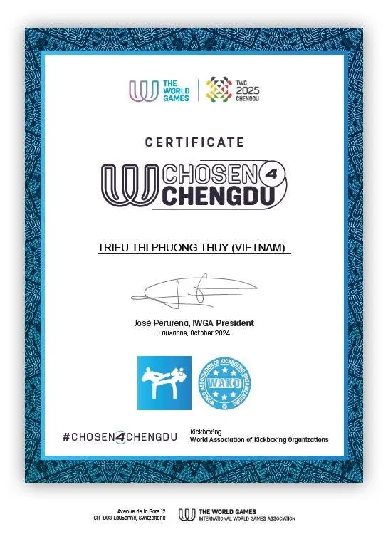 Chứng nhận dành cho VĐV Triệu Thị Phương Thủy. Ảnh: WORLDGAMES