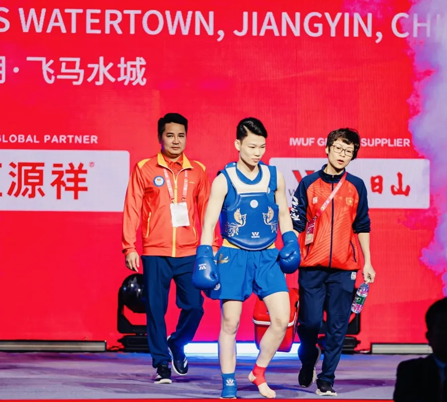 Tuyển thủ wushu Việt Nam vào chung kết tại giải Cúp tán thủ thế giới 2025 đang diễn ra ở Trung Quốc. Ảnh: IWF