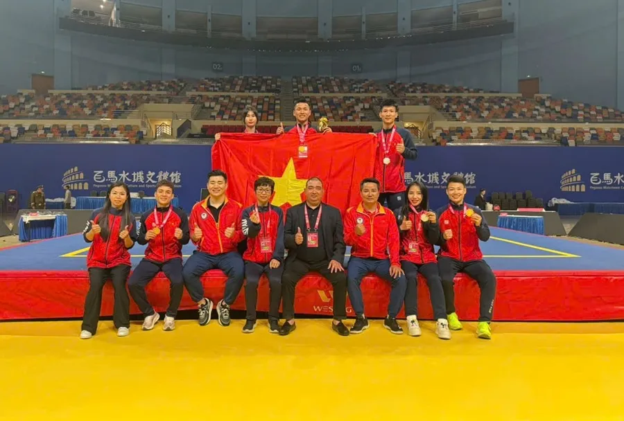 Tuyển wushu Việt Nam đã giành 4 HCV ở Cúp tán thủ thế giới 2025. Ảnh: VŨ VĂN