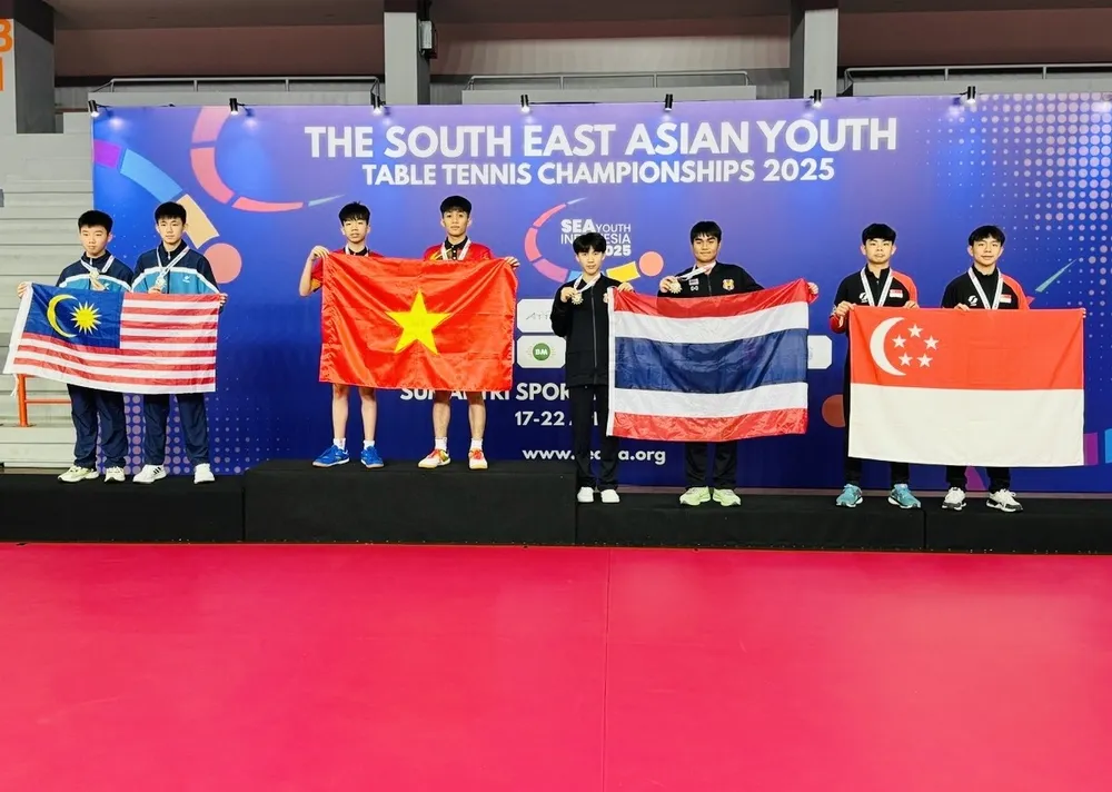 Đội bóng bàn trẻ Việt Nam đã giành HCV U15 đôi nam tại giải lần này. Ảnh: VTTF