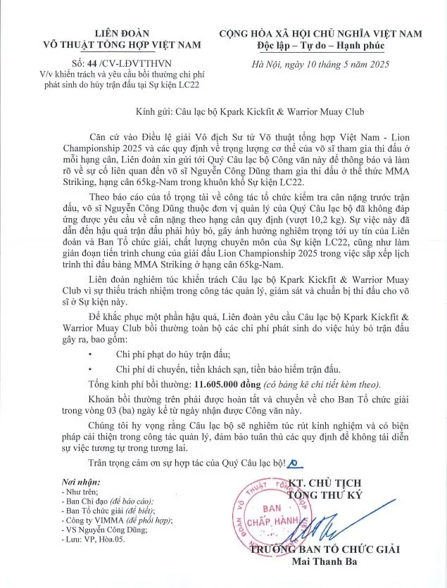 Thông báo về án phạt được đưa ra. Ảnh: VMMAF