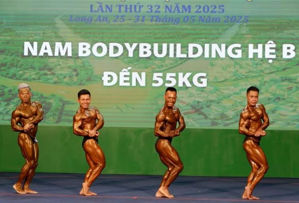 Giải thể hình vô địch quốc gia 2025 đang thi đấu tại Long An. Ảnh: TTXVN