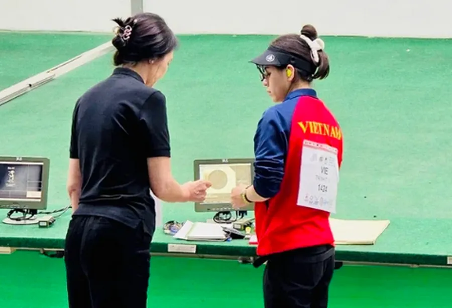 Trịnh Thu Vinh chưa có được tấm huy chương trong nội dung 25m súng ngắn hơi thể thao tại Đức. Ảnh: BANSUNGVN