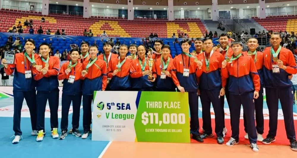 Đội tuyển bóng chuyền nam Việt Nam có vị trí hạng 3 tại vòng 1 giải SEA V.League 2025. Ảnh: SEAVLEAGUE
