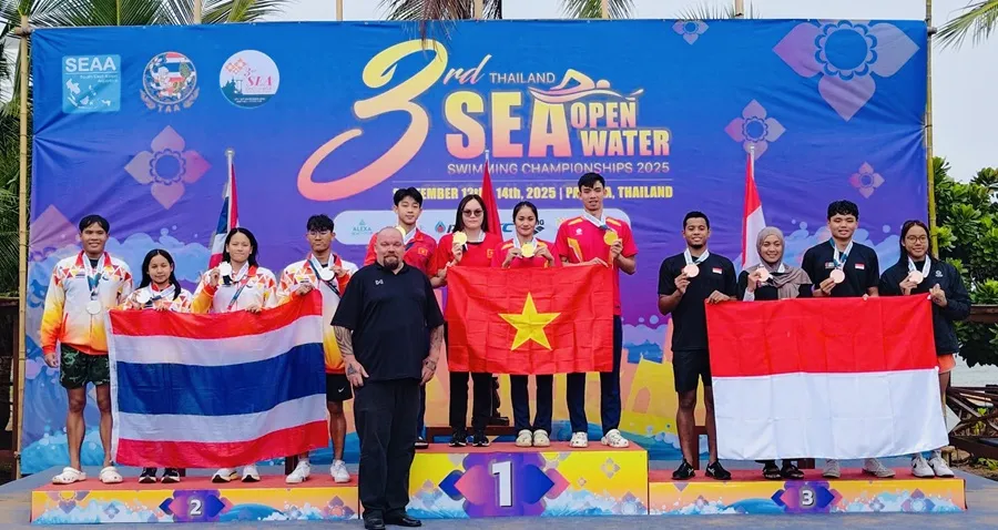 Đội tiếp sức 4x1.500m của Việt Nam đã giành HCV tại giải vô địch đường dài Đông Nam Á 2025. Ảnh: LÊ THANH