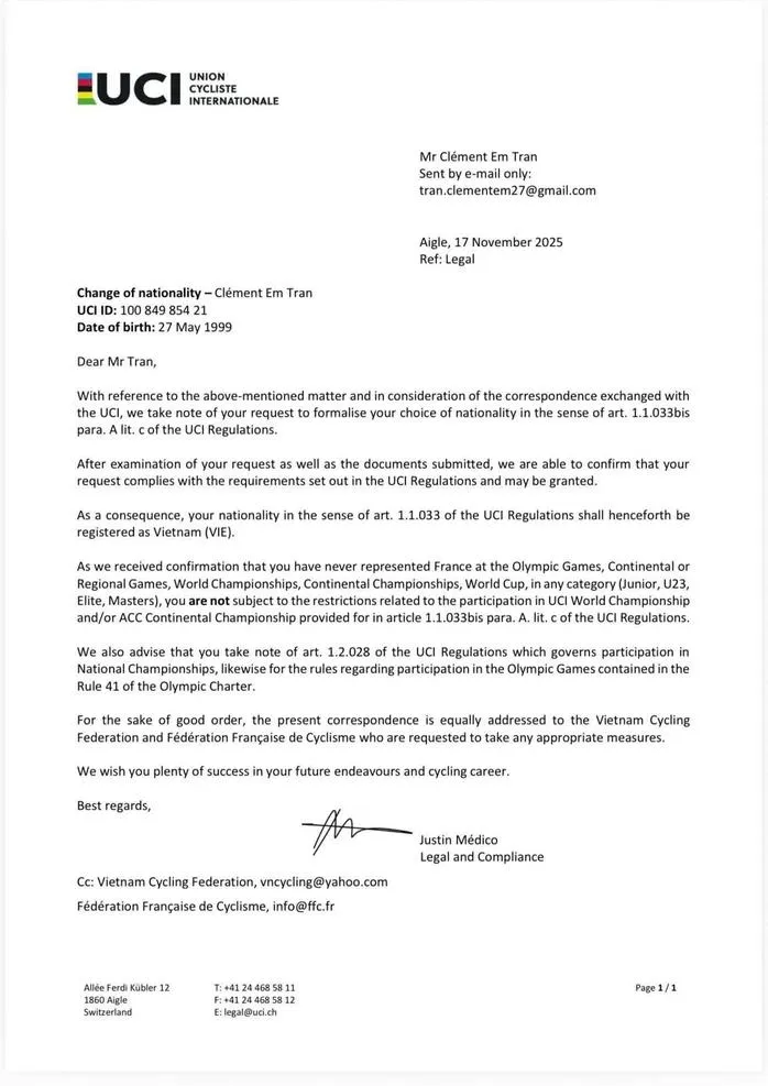 Văn bản chính thức của UCI gởi tới Việt Nam về trường hợp cua-rơ Clément Em Trần. Ảnh: UCI