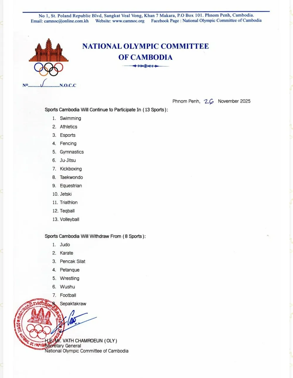 Văn bản thông báo các môn rút lui của thể thao Campuchia. Ảnh: OLYMPIC CAMBODIA