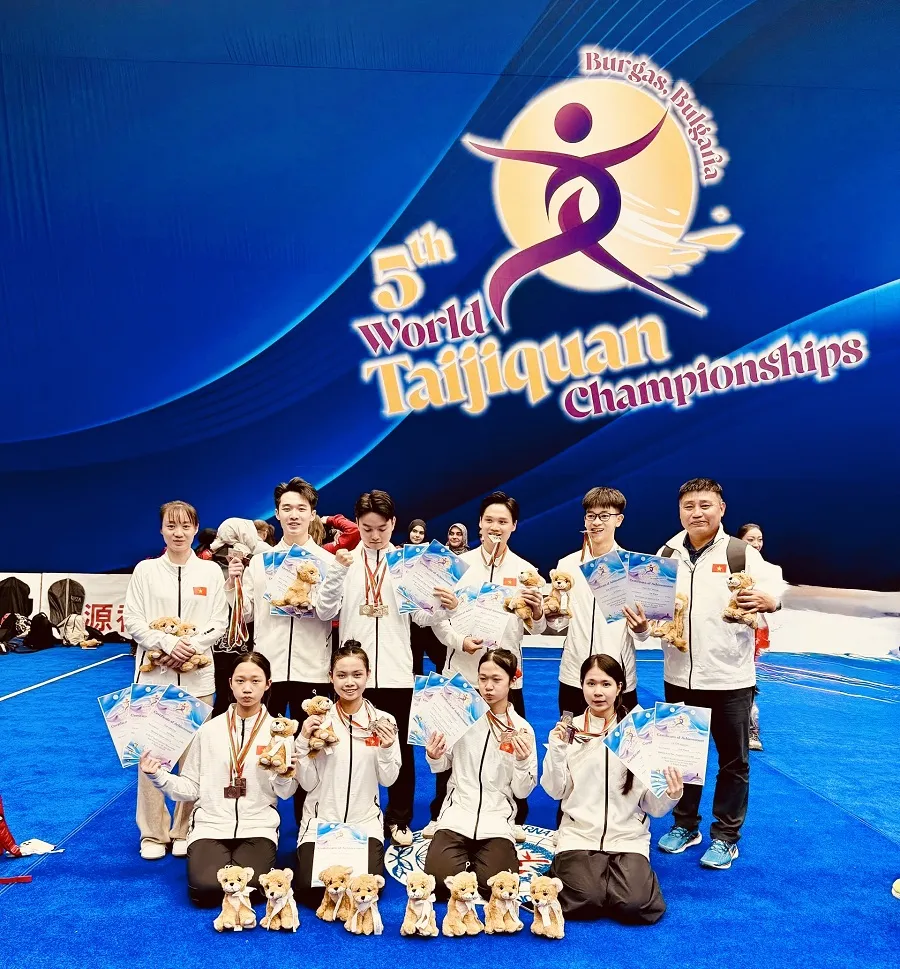 Đội tuyển wushu Việt Nam đã giành được vị trí hạng 3 với 8 tấm HCV ở giải vô địch thái cực quyền thế giới 2026. Ảnh: MINH MINH
