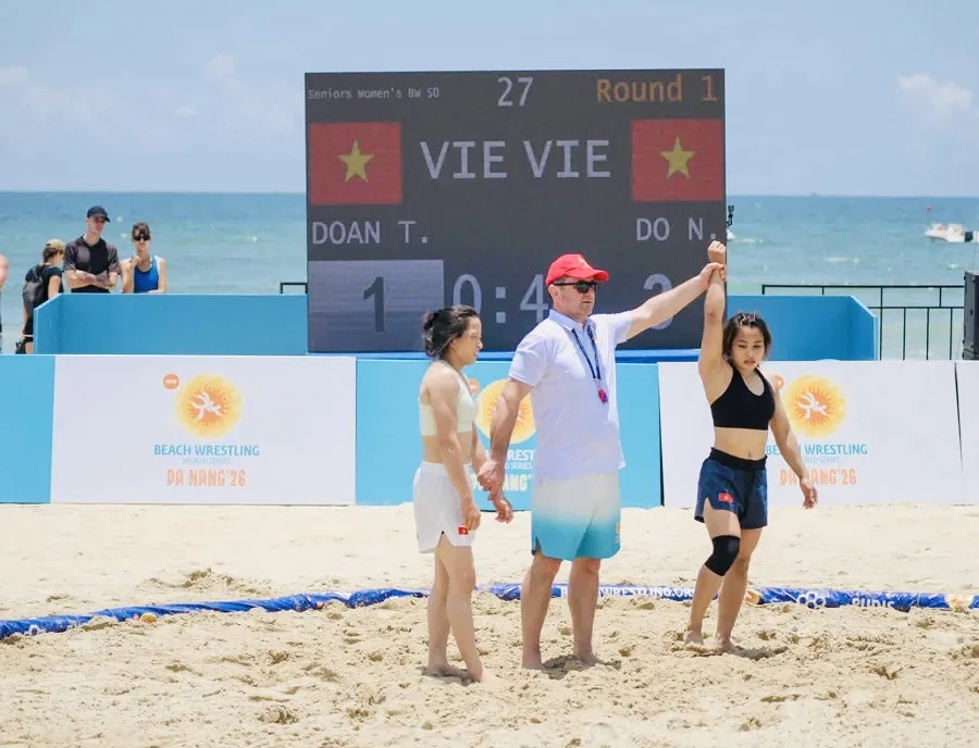 Tuyển thủ Việt Nam đã thi đấu xuất sắc tại giải vật bãi biển thế giới 2026 ở Đà Nẵng. Ảnh: Liên đoàn vật Việt Nam