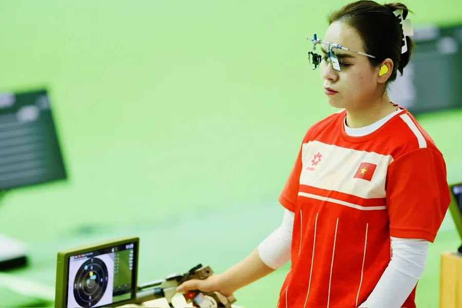 Xạ thủ Trịnh Thu Vinh đang có hạng 22 thế giới nội dung 10m súng ngắn hơi nữ. Ảnh: DŨNG PHƯƠNG