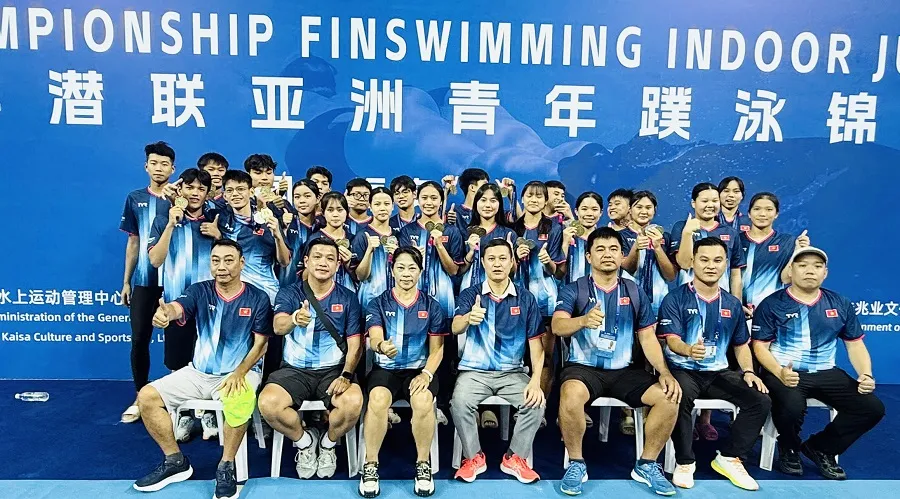 Đội lặn trẻ Việt Nam hoàn thành nhiệm vụ tại Giải vô địch trẻ châu Á 2026. Ảnh: MINH MINH