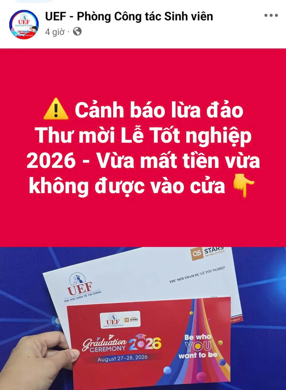 Ảnh chụp màn hình Fanpage của Phòng Công tác sinh viên UEF (15h, ngày 19/8/2026). NHƯ Ý