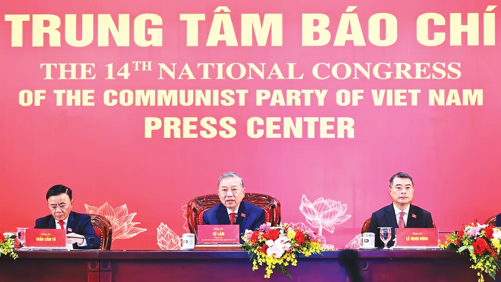 Tổng Bí thư Tô Lâm chủ trì họp báo công bố kết quả Đại hội XIV của Đảng. Ảnh: TTXVN