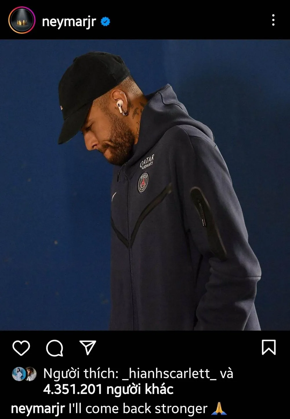 Neymar đăng trạng thái lạc quan trên Instagram