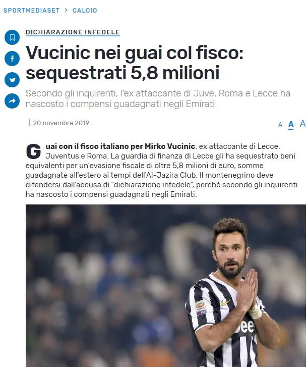 Vucinic bị cáo buộc trốn thuế hồi năm 2019