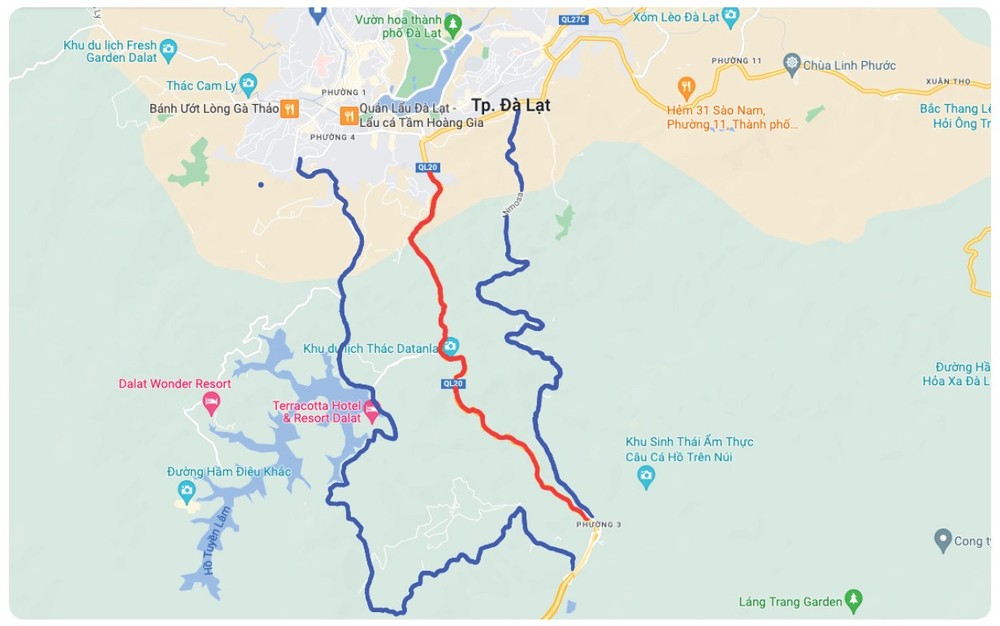 Prenn Pass (red) is closed. Vehicles can go to Da Lat by Mimosa Pass (right) or the route passing Tuyen Lam Lake (left). (Photo: SGGP)