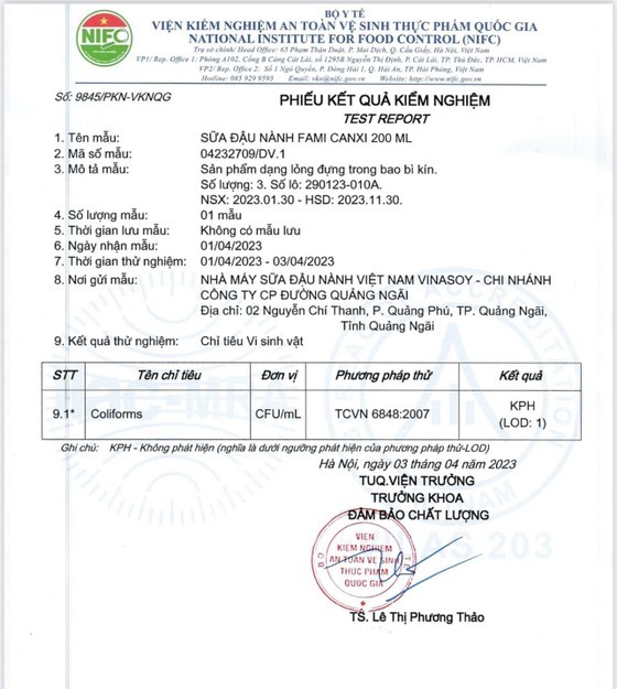 The Fami Calcium soy milk product is proven to be free of Coliform bacteria. (Photo: SGGP)