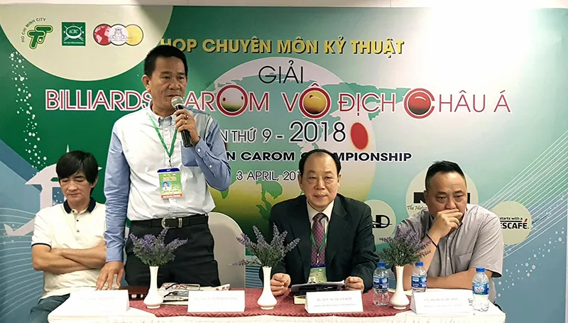 Quang cảnh buổi họp kỹ thuật giải Billiards vô địch châu á năm 2018. Ảnh: NHẬT ANH