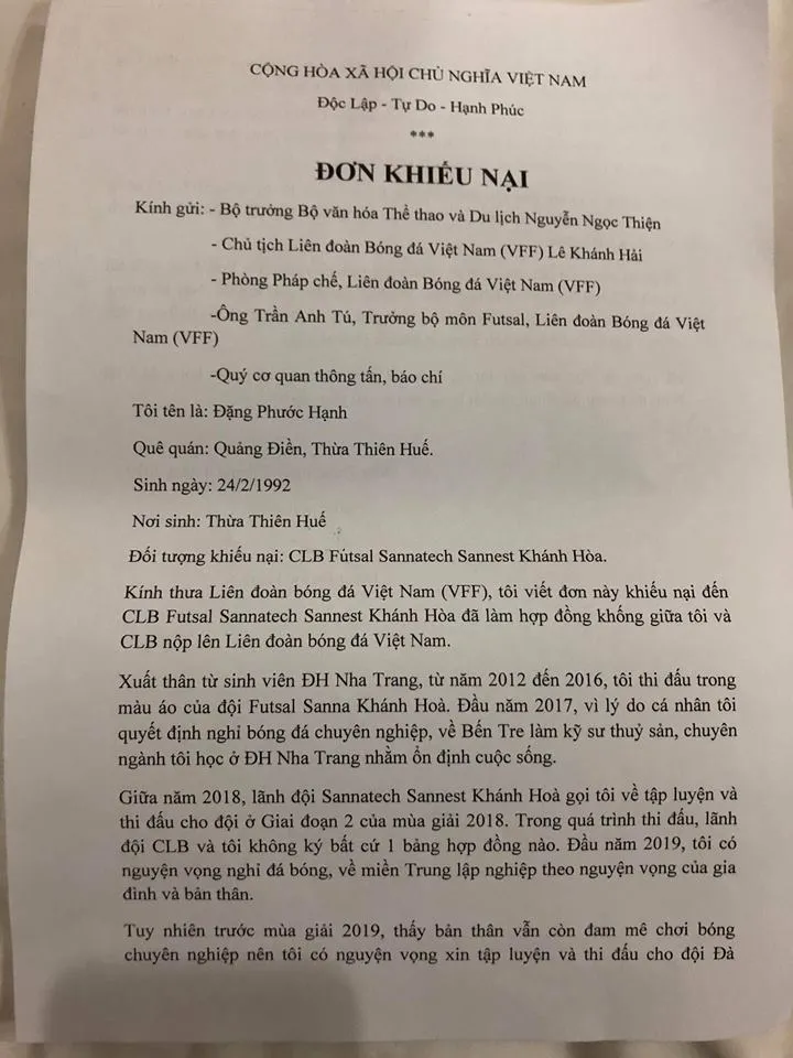 CLB futsal Sanatech Khánh Hòa bị cầu thủ nộp đơn khiếu nại lên VFF ảnh 1