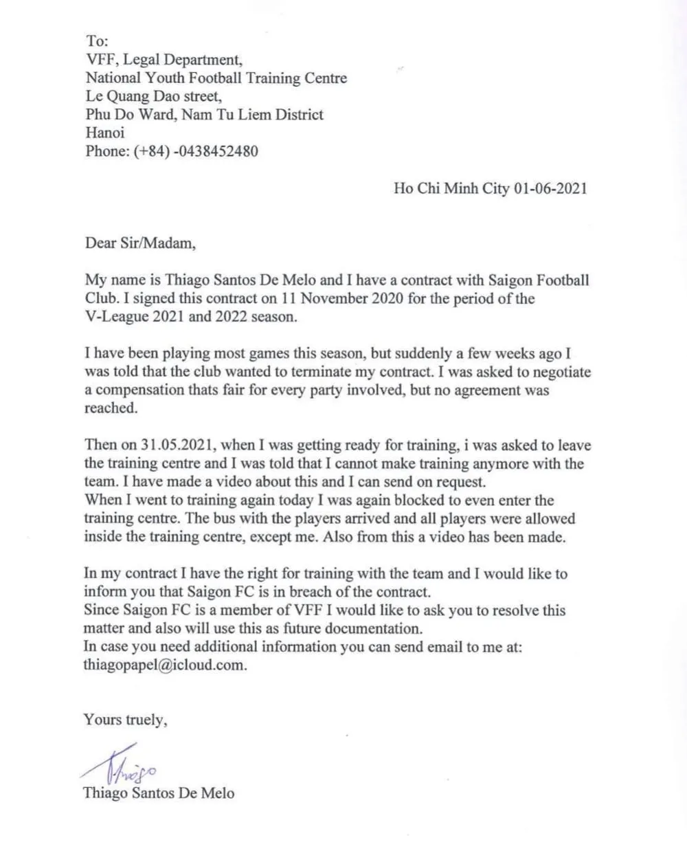 Không được cho tập cùng CLB Sài Gòn, Thiago gửi đơn cầu cứu VFF ảnh 1