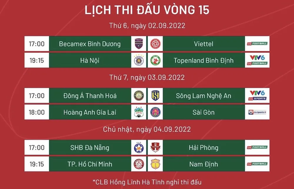 Lịch thi đấu và THTT vòng 15 V-League 2022 ảnh 1