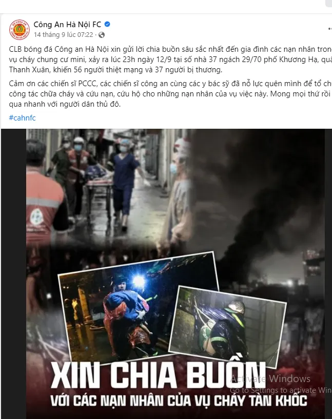 CAHN FC chia sẻ nỗi đau thương đến gia đình các nạn nhân trong vụ hỏa hoạn trên trang fanpage