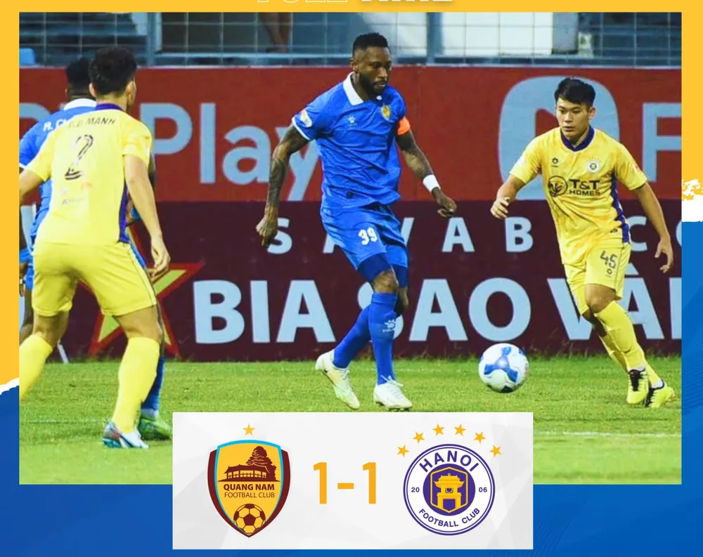 Cuộc so tài bất phân thắng bại giữa Quảng Nam và Hà Nội FC ở vòng 9. Ảnh: QNFC