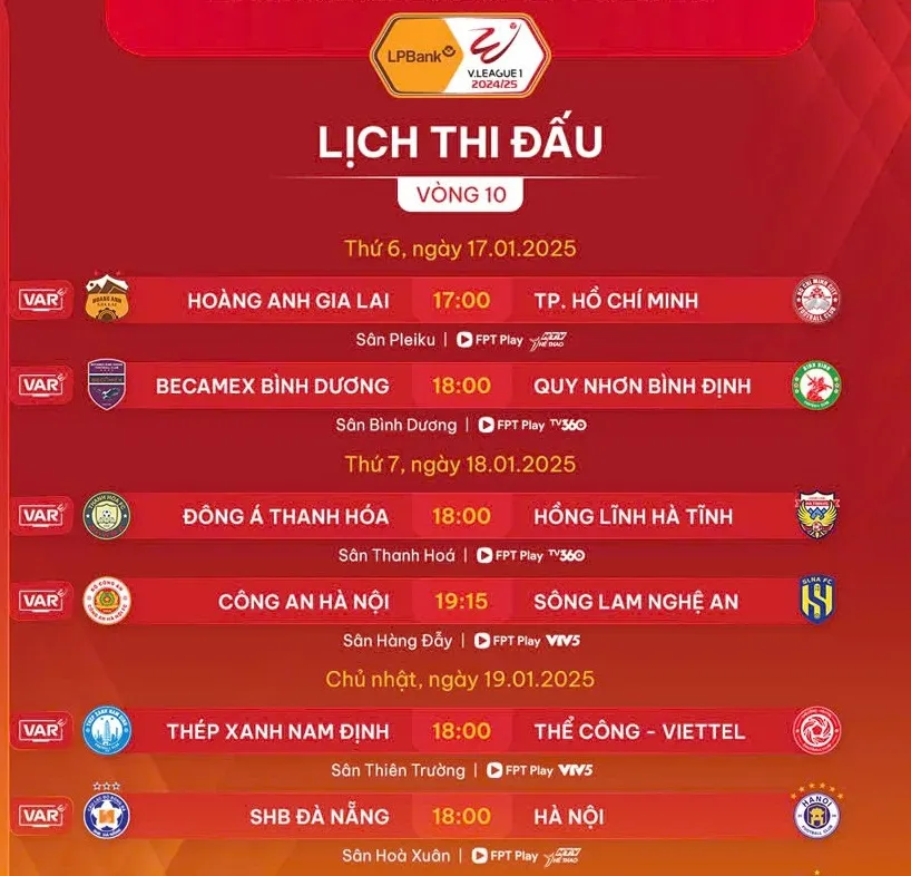 Lịch thi đấu vòng 10 LPBank V-League 2024-2025