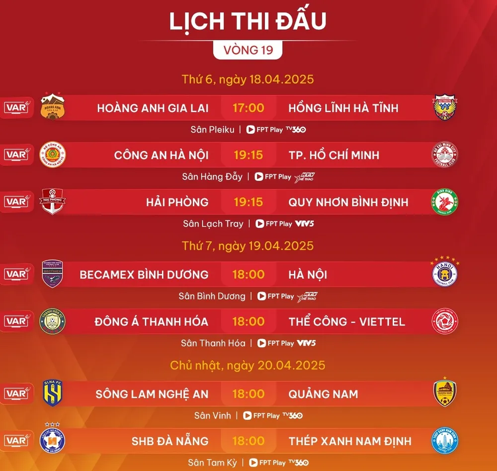 Lịch thi đấu vòng 19 LP Bank V-League 2024-2025