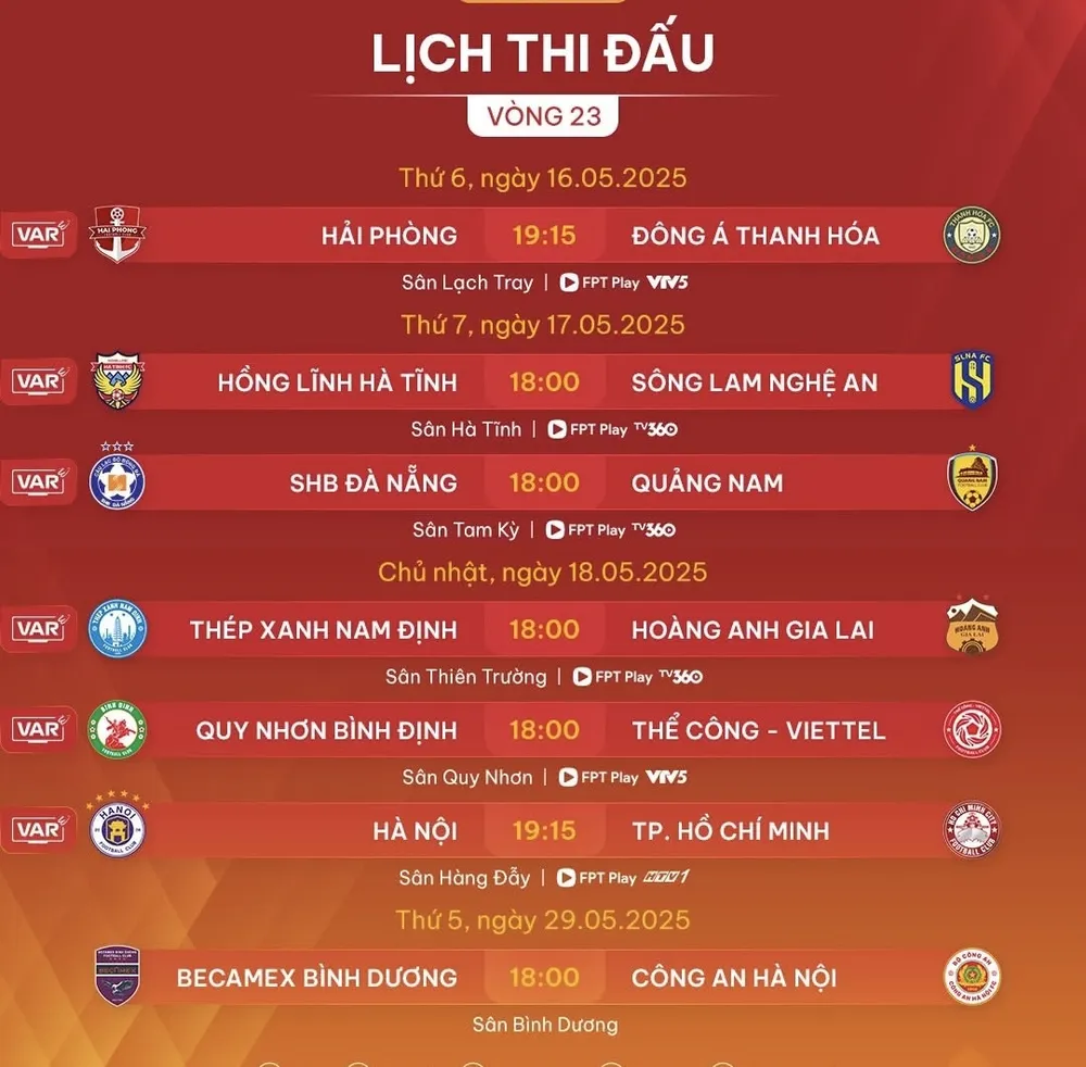 Lịch thi đấu vòng 23 V-League 2024-2025