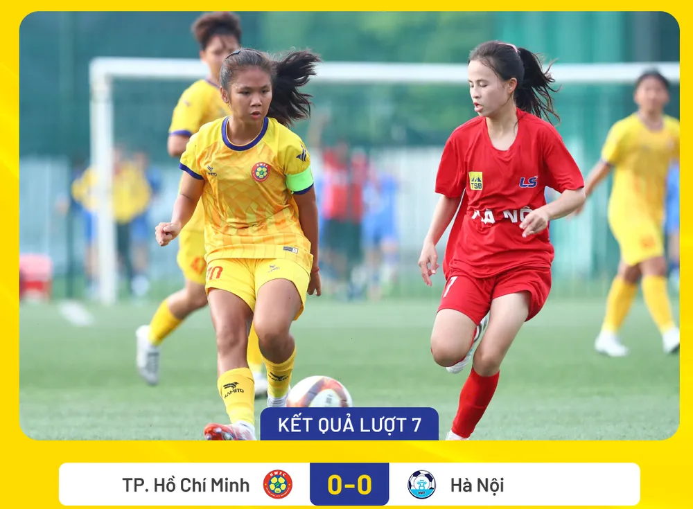 U16 TPHCM (áo vàng) chia điểm cùng đội đầu bảng Hà Nội.