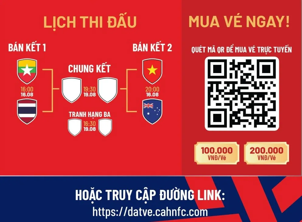 Thông tin phát hành vé trận bán kết giải bóng đá nữ Đông Nam Á 2025.