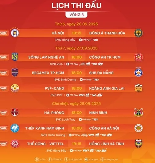 Lịch thi đấu vòng 5 V-League 2025-2026