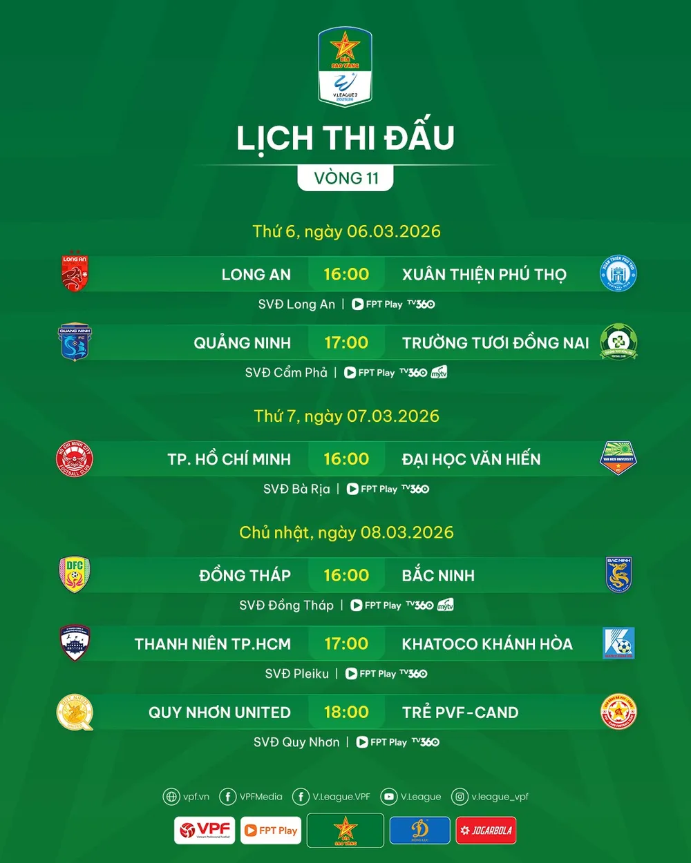 Lịch thi đấu vòng 11 giải hạng Nhất 2025-2026