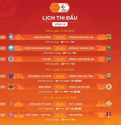 Lịch thi đấu vòng 16 V-League 2025-2026