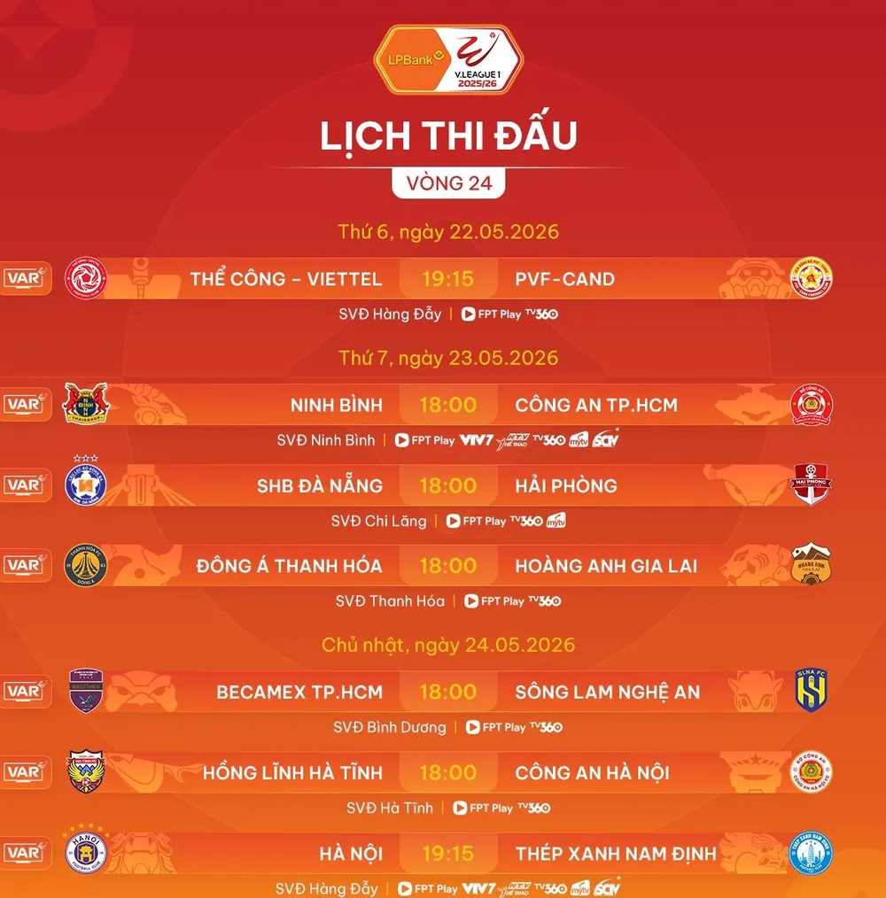 Lịch thi đấu vòng 24 LPBank V-League 2025-2026
