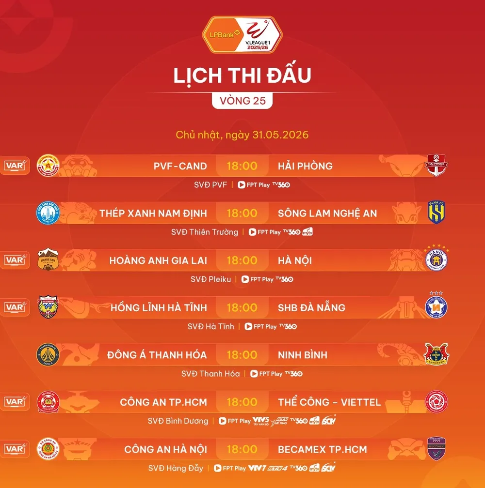 Lịch thi đấu vòng 25 LPBank V-League 2025-2026